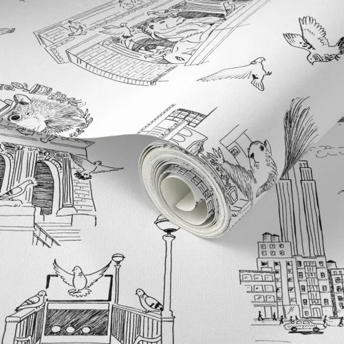 Vista 2 de Papel tapiz para despegar y pegar, papel tapiz extraíble personalizado de Nueva York Toile NYC Pigeons Squirrels Central Park Spoonflower