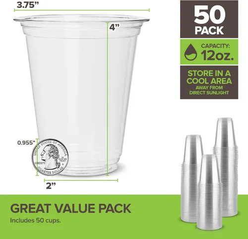 Vista 2 de Stock Your Home Vasos fríos transparentes de ácido poliláctico (PLA) de 12 onzas, paquete de 50 vasos desechables de fiesta para agua, vino