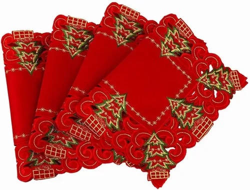 Vista 2 de Grelucgo Juego de 4 manteles individuales bordados con árbol de acebo de Navidad, rectangular, 12 x 18 pulgadas