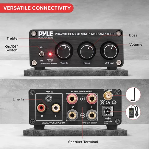 Vista 6 de Pyle Mini amplificador estéreo Bluetooth de 240 W para el hogar, micro receptor compacto de 2 canales con diales de control de graves y agudos Negro