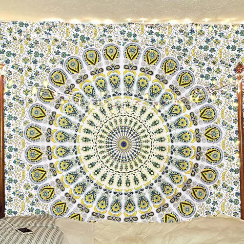 Vista 10 de Tapiz hippie indio bohemio psicodélico dorado azul pavo real mandala colgante en la pared (negro blanco, Queen (84 x 90 pulgadas) (84.6 x 90.6 in)