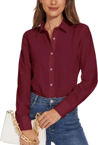 Vista 8 de YAMANMAN Camisas de vestir con botones para mujer, blusas de manga larga con cuello sin arrugas, blusas de trabajo sólidas Blanco