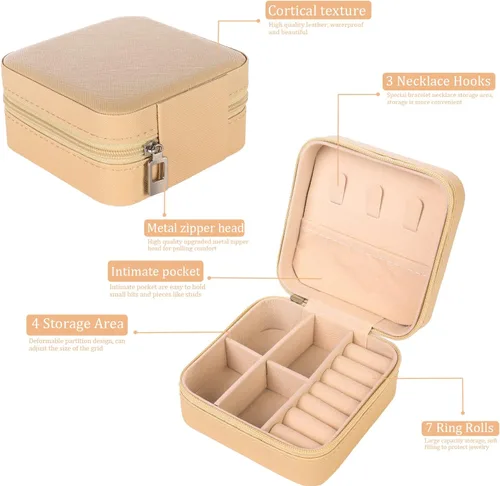 Vista 3 de KElofoN Organizador de joyas de viaje, joyero de viaje, caja organizadora de joyas pequeña para niñas y mujeres (1, caqui)