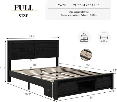 Vista 2 de Base de cama tamaño matrimonial con cabecero de madera, estructura de cama de plataforma de madera con estribo de puerta corrediza de granero
