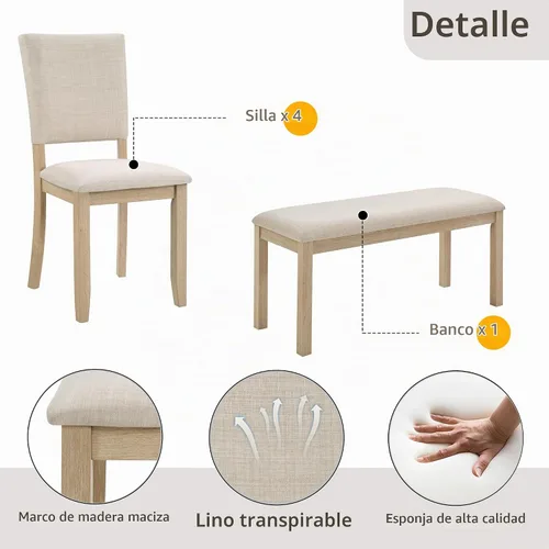 Vista 5 de LUMISOL Juego de mesa de comedor de 6 piezas con banco, juego de mesa de cocina rectangular con base en forma de U, 4 sillas tapizadas y banco