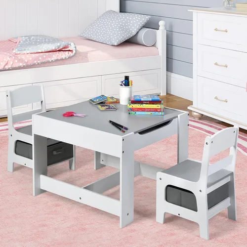 Vista 13 de Costzon - Juego de mesa y sillas para niños, escritorio de actividades multifuncional de madera para niños pequeños con mesa reversible, cajones