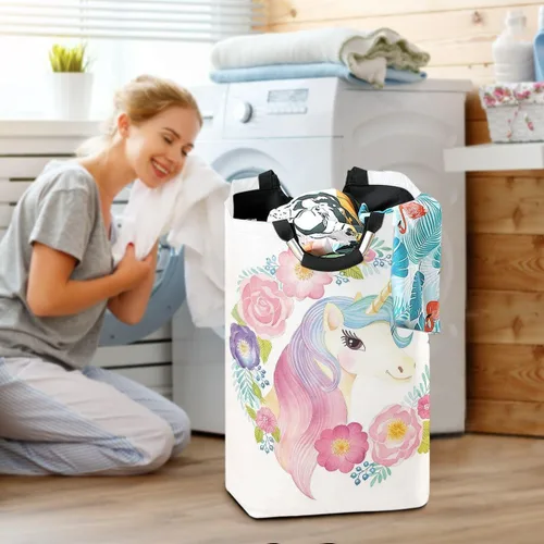 Vista 6 de senya Cesta grande de almacenamiento plegable, organizador para ropa sucia para guardería, juguetes, cabeza de unicornio en flores