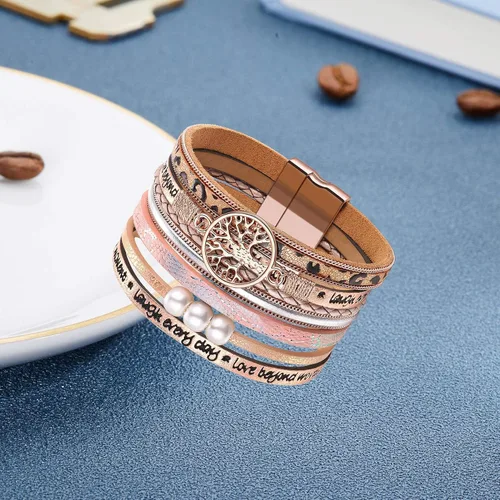 Vista 4 de Pulseras inspiradoras de cuero con árbol de la vida para mujeres, regalos de joyería para adolescentes y niñas, Metal, Circonita cúbica