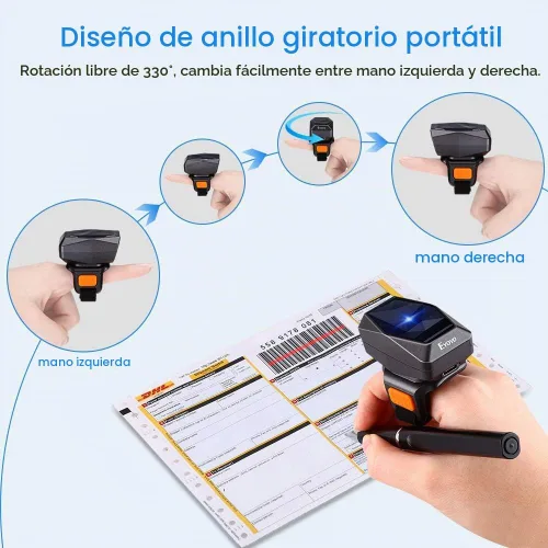 Vista 5 de Eyoyo portátil 1D Bluetooth portátil dedo anillo escáner de código de barras Bar Code Reader, 2.4GHz Wireless&USB Wired, Compatible with iPhone