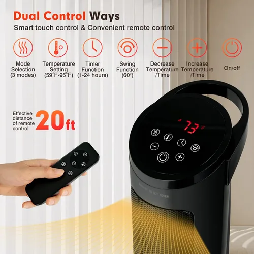 Vista 6 de PETSITE Calentador de espacio, calentador eléctrico portátil de cerámica PTC de 1500 W con termostato, 3 modos y temporizador de 24 horas, control