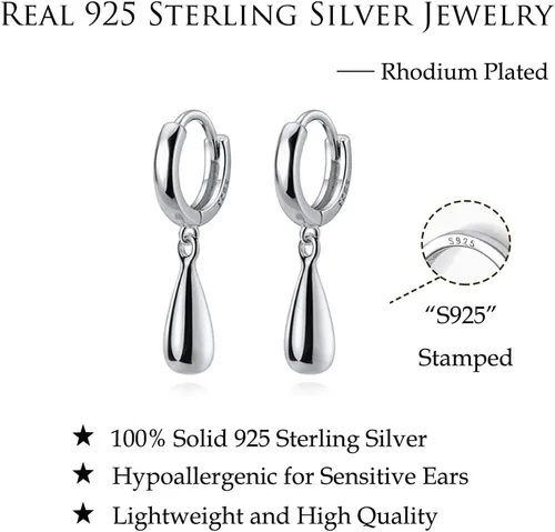 Vista 7 de Reffeer Solid 925 Sterling Silver Teardrop Dangle Earrings Hoops for Women Girls Water Drop Earrings Huggies