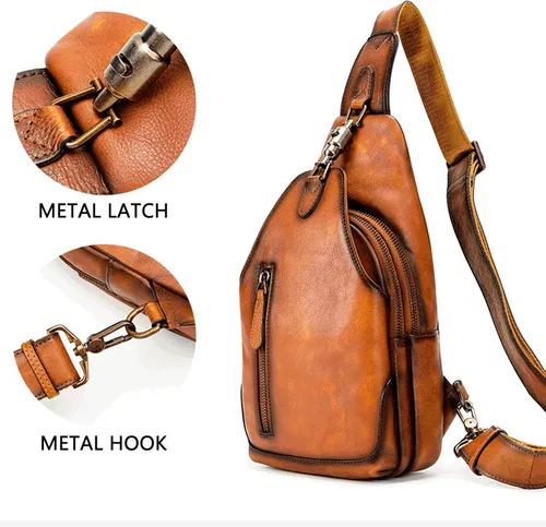 Vista 2 de Bolso bandolera de cuero hecho a mano de cuero genuino, bolso de hombro, bolso de viaje, riñonera para mujeres y hombres, color marrón