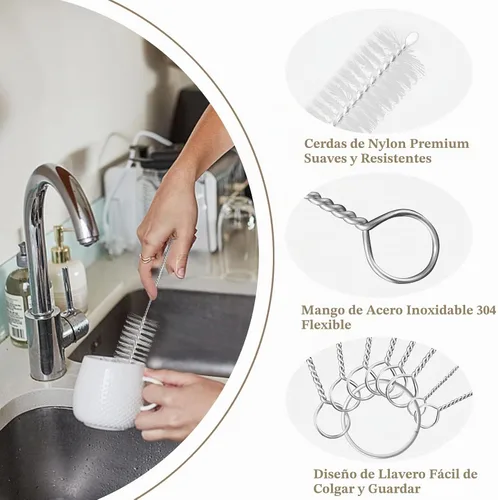 Vista 5 de Yolaist 8 limpiadores de botellas y pajitas, cepillo largo de nailon profundo con asas flexibles de acero inoxidable flexible para botellas