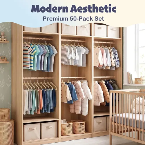 Vista 9 de HOUSE DAY Perchas de terciopelo para bebés de 11 pulgadas, paquete de 50 perchas color beige de primera calidad para niños, ropa de bebés y niños