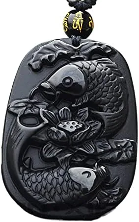 Vista 3 de Colgante de amuleto de obsidiana natural de Piscis con cadena ajustable de cuentas para Wen o mujeres
