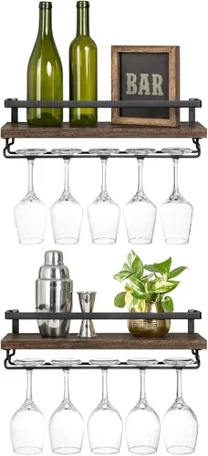 Vista 9 de Mkono Estante de vino montado en la pared, juego de 2 estantes de madera rústicos para botellas de vino, estantes flotantes de vidrio con colgador