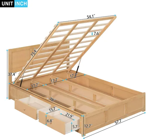 Vista 2 de Cama de plataforma de almacenamiento de tamaño matrimonial, con cajones de cabecera y soporte de listones de madera, base de cama de plataforma