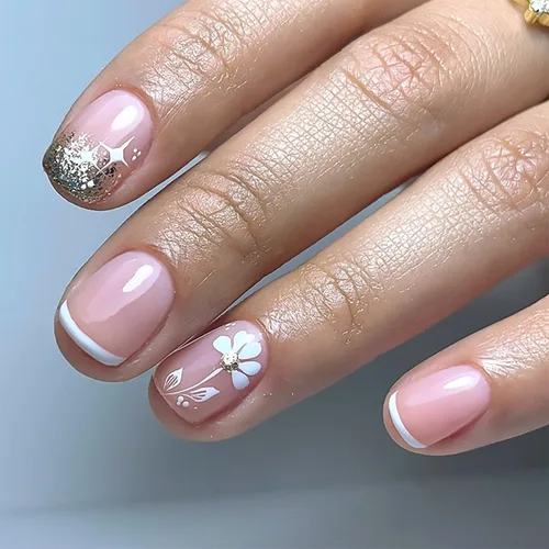 Vista 11 de Uñas postizas a presión degradadas con purpurina de longitud corta, uñas postizas en forma de ataúd con diseño de hojas de corazón, 24 uñas postizas