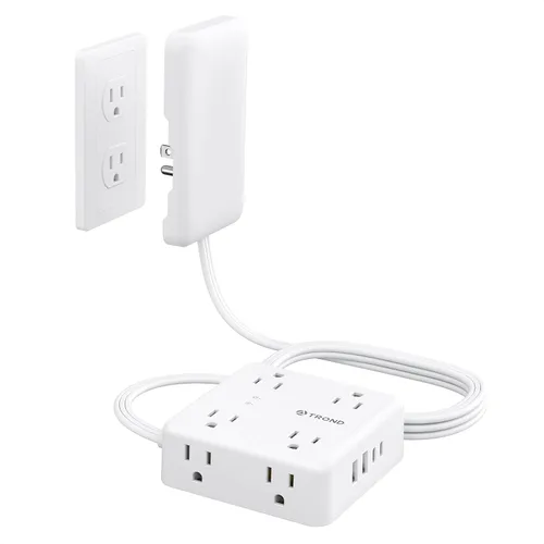 Vista 12 de TROND - Tira de alimentación con cubierta de toma, cable de extensión plano corto de 3 pies con 8 tomas de CA y 4 puertos USB, 13A/1625W, protector