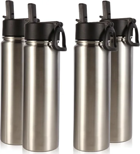 Vista 39 de Volhoply Botellas de agua aisladas de 22 onzas con tapa con popote, botella deportiva de acero inoxidable con asa, vasos de agua de viaje de metal