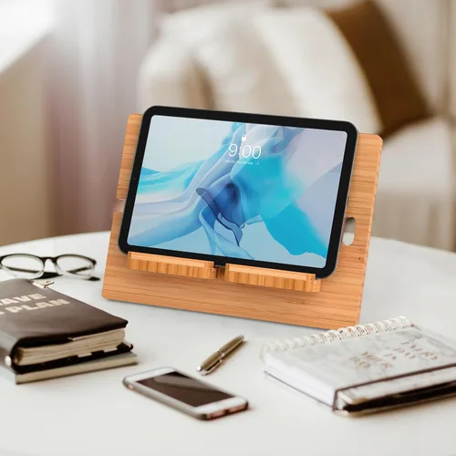 Vista 5 de Pezin & Hulin Soporte ajustable de bambú para tableta, soporte para teléfono celular de escritorio compatible con Pad Air/Pro/Mini, lector