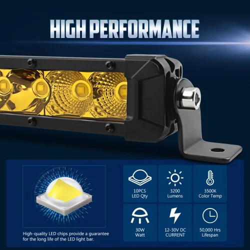 Vista 4 de Barra de luz LED amarilla de 12", combo de foco y luz de inundación con haz Led para luz antiniebla