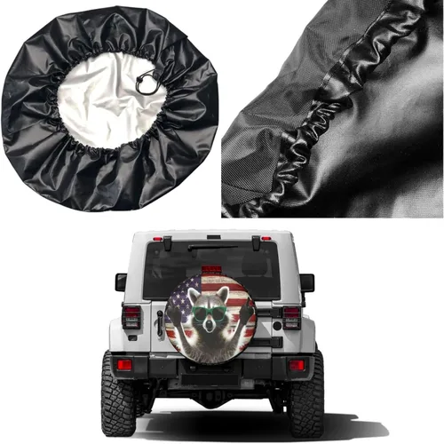 Vista 5 de Cubierta de neumático de repuesto de mapache con bandera estadounidense, a prueba de polvo, UV, cubierta de neumático para remolque, RV, SUV