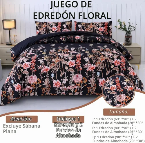 Vista 4 de MAG Juego de edredón floral de 3 piezas, tamaño individual, juego de ropa de cama de microfibra con estampado de flores negras, para todas