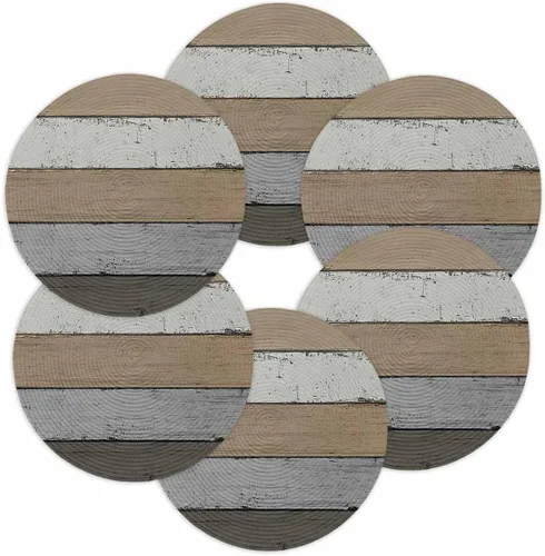Vista 9 de Juego de 4 manteles individuales redondos de madera degradada, lavables, estilo vintage, marrón, gris, trenzado, resistente al calor, para cocina