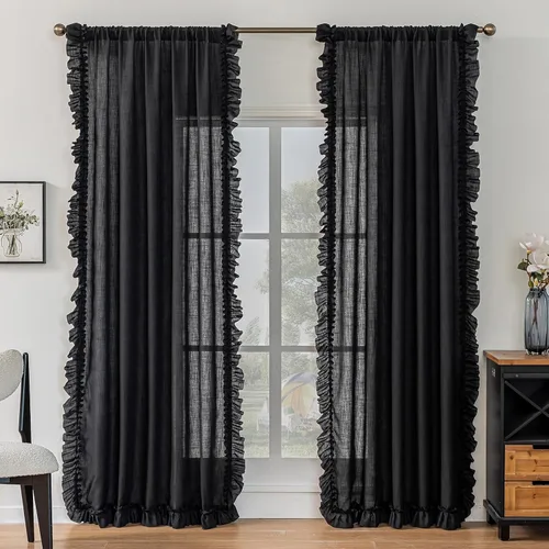 Vista 13 de TERLYTEX Cortinas de encaje de lino de 96 pulgadas de largo 2 paneles, 42 x 96 pulgadas, cortinas con volantes estilo granja para sala con bolsillo