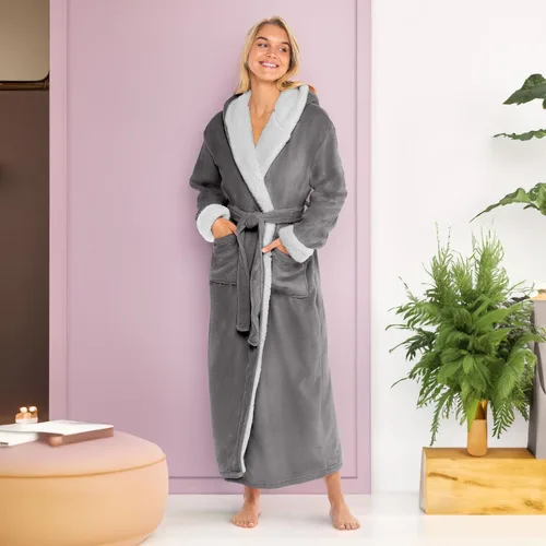 Vista 2 de Alexander Del Rossa - Bata de baño larga de forro polar cálido con capucha, para mujer