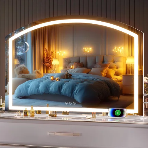 Vista 8 de Hasipu Espejo de tocador con luces, espejo de maquillaje LED arqueado de 11 x 14 pulgadas, espejo de maquillaje iluminado con luces, control táctil
