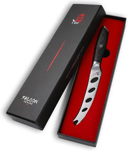 Vista 8 de TUO Cuchillo para cortar queso, cuchillo de tomate dentado de 5 pulgadas, con punta bifurcada y hoja antiadherente, acero alemán de alto carbono