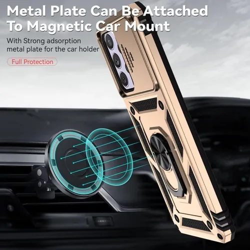 Vista 6 de Funda para Galaxy A53 5G, Samsung A53 5G SM-A536U con protector de pantalla de vidrio templado y cubierta de cámara deslizante, anillo magnético Oro