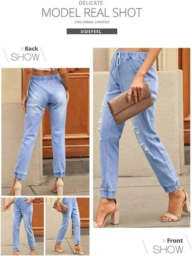 Vista 6 de Sidefeel - Pantalones de mezclilla para mujer, con aspecto desgastado, elásticos y con cintura elástica