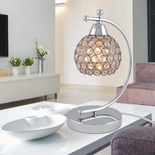 Vista 4 de Onerbuy Moderna lámpara de mesa de cristal enchufable, lámpara de mesa de noche cromada plateada E27 con interruptor de encendido/apagado en línea