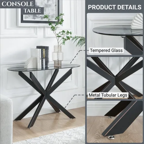 Vista 3 de Moderna mesa consola ovalada de vidrio, mesa de sofá estrecha para entrada, entrada, sala de estar, vestíbulo, pasillo, oficina, 45 pulgadas de Negro