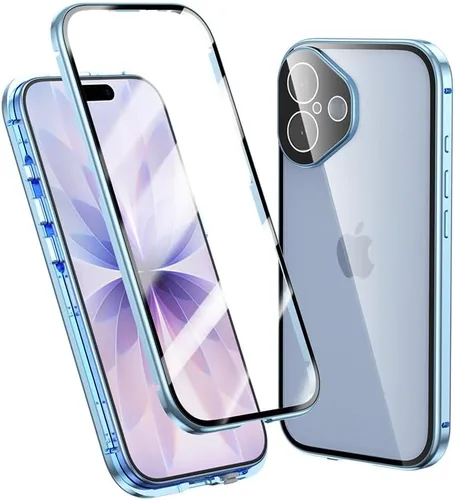 Vista 12 de Funda Henghui magnética con cierre compatible con iPhone 11, de vidrio, con protector de lente de cámara y protector de pantalla, cierre de Azul