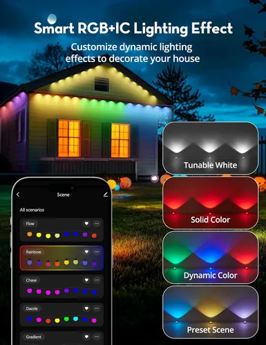 Vista 4 de RGB+IC - Luces permanentes para exteriores para jardín de casa, 50 pies, luces de alero inteligente, luces de cadena, IP67 impermeable