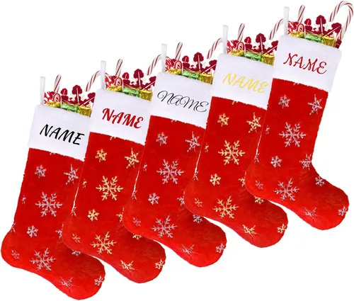 Vista 9 de Calcetines negros de piel sintética de Navidad, 1 paquete grande de 22 pulgadas, medias colgantes de felpa negra con nombre personalizado con copos