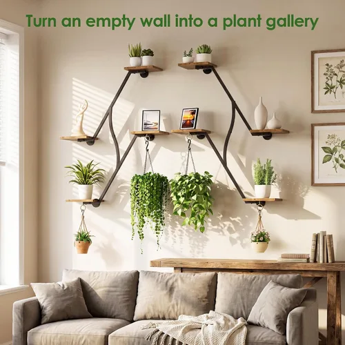 Vista 4 de Wall Plant Shelf, 2 Pack 3-Tier Plant Stand with Hanging Rings, Black