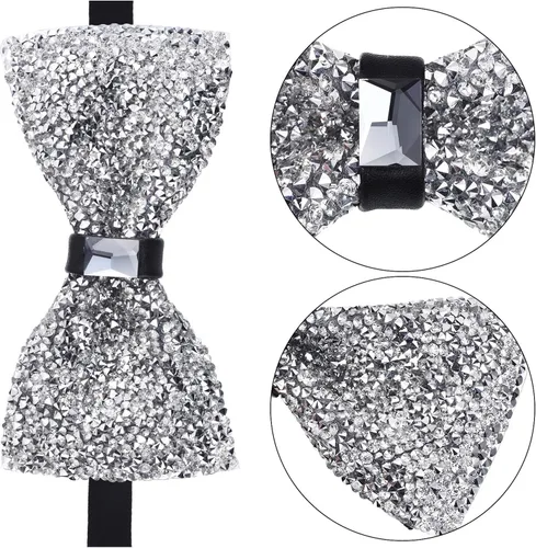 Vista 2 de 2 pajaritas con diamantes de imitación para banquete para hombre, preatadas para bodas y fiestas (negro y plateado), Negro y plateado