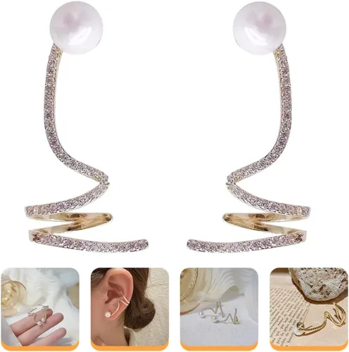 Vista 6 de Generic 1 par de pendientes trepadores trepadores de diamantes de imitación Artificil Pearl Stud Pendientes Ear Cuff Wrap Post Pendientes Regalo