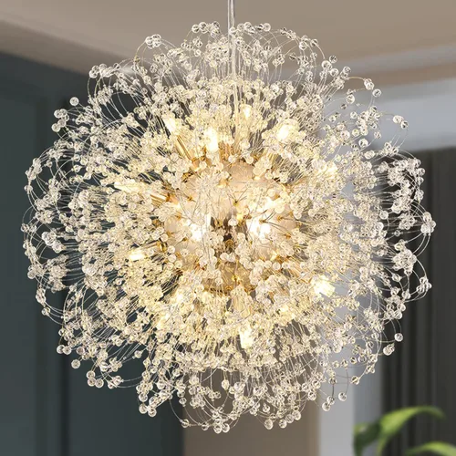 Vista 8 de Candelabros de cristal de fuegos artificiales, moderna lámpara de diente de león cromada, lámpara colgante Sputnik de 8 luces para dormitorio, isla
