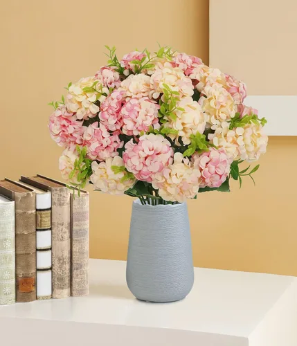 Vista 3 de 4 paquetes de flores artificiales de hortensias pequeñas, ramo de flores falsas de seda para decoración del hogar, fiesta de boda, 1 paquete de 10