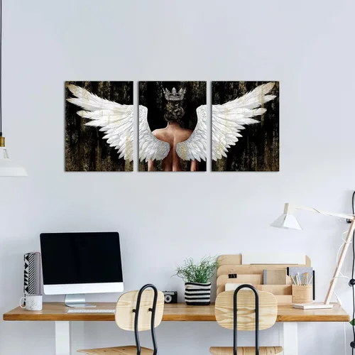 Vista 5 de OuElegent Lienzo decorativo para pared, diseño de alas de ángel doradas y negras, arte contemporáneo con corona, para sala de estar, dormitorio