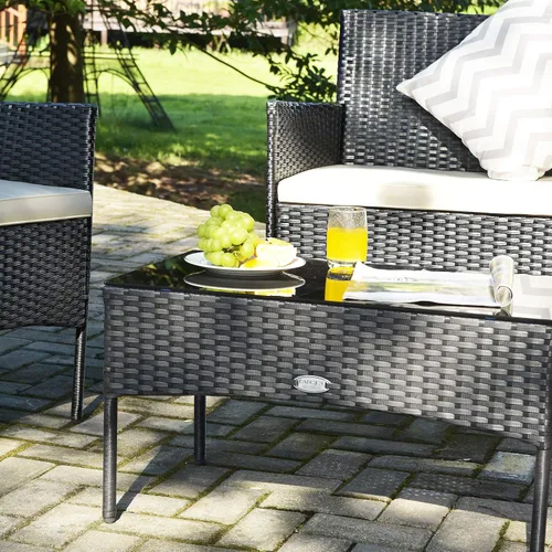 Vista 9 de Tangkula Juego de muebles de patio de 4 piezas, juego de conversación de mimbre para exteriores con mesa de centro de vidrio templado, sofá biplaza
