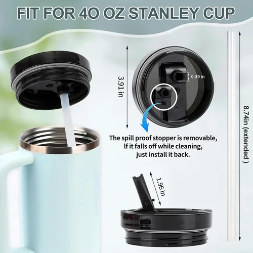 Vista 10 de Stanley Quencher - Tapa de repuesto mejorada para vaso de 40 onzas, paquete de 2 tapas de repuesto con 2 popotes para vaso de 40 onzas, a prueba