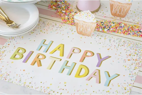 Vista 3 de Manteles individuales de papel de confeti de feliz cumpleaños, manteles individuales cuadrados desechables para fiestas, 18 hojas por bloc