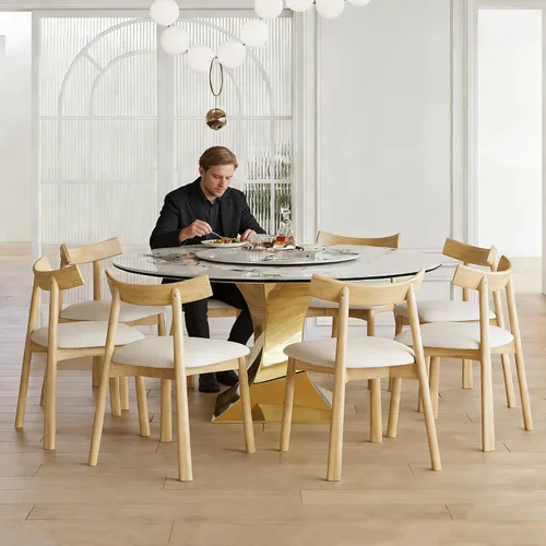 Vista 6 de Juego de mesa de comedor redonda de 9 piezas, moderna mesa de cocina de piedra sinterizada de 59 pulgadas con plato giratorio redondo de 31.5